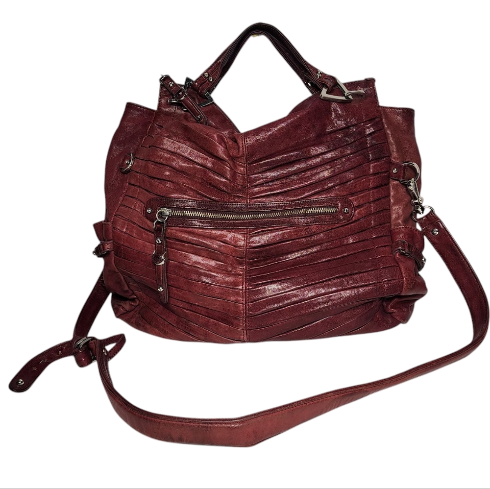 Junior Drake Gail Leather Handbag Tote Pleated Crossbody Large Pockets Cranberry